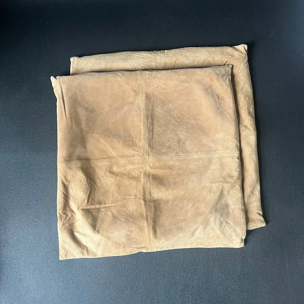 Set of 2 Tan Genuine Suede Leather Square Pillow Covers Four Panel Stitched 19in